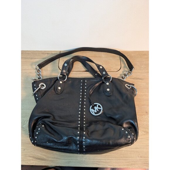 Michael Kors ASTOR Silver Stud Black Leather Bag Satchel Purse Convertible - Picture 1 of 6